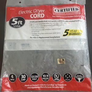 Certified Appliance 5 ft. 30 Amp 4-Wire, Black Electric Dryer Cord